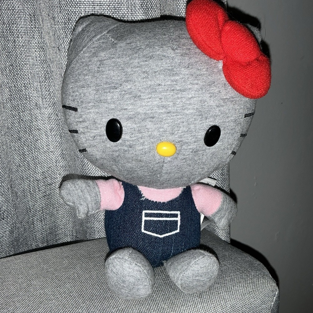 Hello Kitty Gray Plush Stuffed Toy - Denim Look Overalls and Red Bow 8"